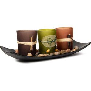 New 3 LED Tea Light Candles with Rocks and Tray – Earth Tone Fall Table Decor
